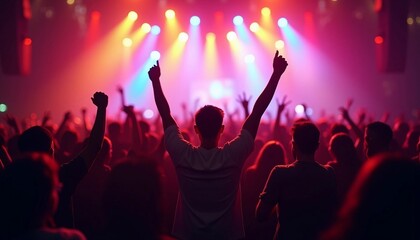  Silhouettes of people enjoying themselves under colorful lights at a concert venue.