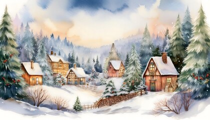 Christmas Eve in the Village - A cozy, tranquil village scene painted in soft watercolors style. Graphic art illustration. Winter layout