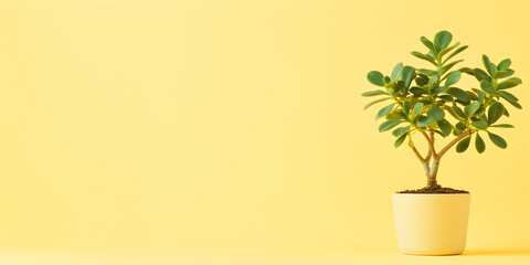 Small jade plant web banner. Cute small jade plant isolated on soft yellow background.