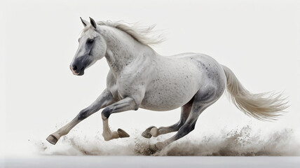 Fototapeta premium An elegant white horse in mid-gallop, its mane and tail flowing gracefully, captured against a pure white backdrop, showcasing its powerful motion and form.