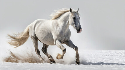 Naklejka premium An elegant white horse in mid-gallop, its mane and tail flowing gracefully, captured against a pure white backdrop, showcasing its powerful motion and form.
