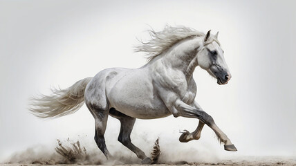 Fototapeta premium An elegant white horse in mid-gallop, its mane and tail flowing gracefully, captured against a pure white backdrop, showcasing its powerful motion and form.