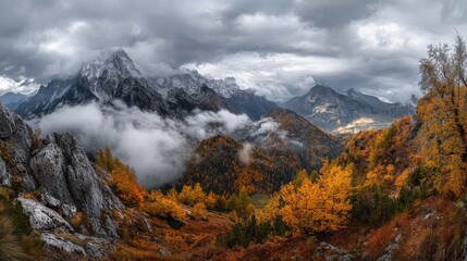 Fototapeta premium Cloudy Julian Alps autumn scene