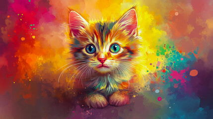  An abstract rainbow-colored painting of a cute kitten.
