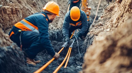 Workers in uniforms and helmets lay fiber optic cables for internet in the city.