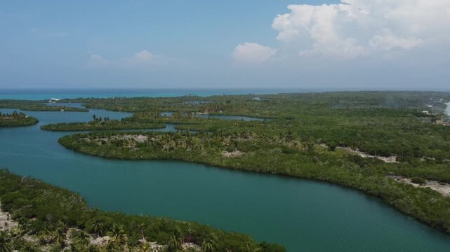 Aerial View of San Bernardo Archipelago in Colombia with Lush Green Trees and Cloudy Sky