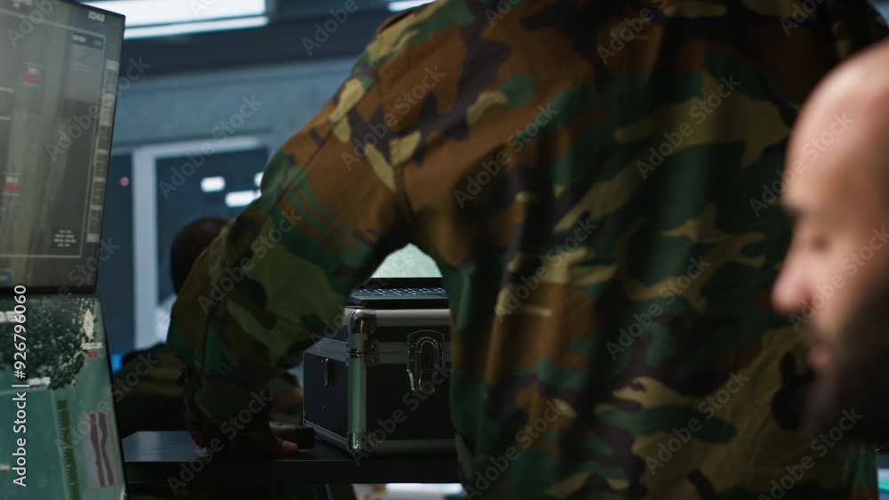 Poster air force combat control agent performing tactical level surveillance in war room using laptop. mili