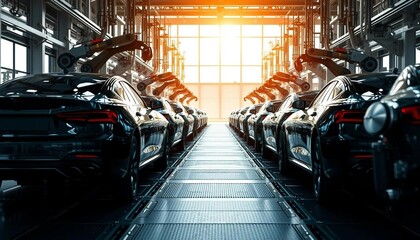An automobile factory assembly line with vehicles nearing completion, emphasizing depth and symmetry in production technology.







