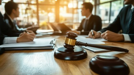 A wooden gavel sitting on a table next to some papers, AI