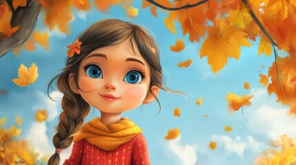 A cartoon girl with long braids and a blue sweater, AI