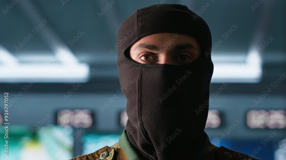 Poster portrait of terrorist loading gun, attacking enemy command center. close up of masked insurgent relo