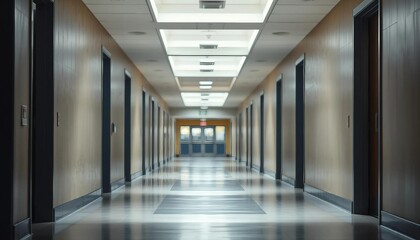 Obraz premium A quiet, empty school corridor with visible classroom and exit doors in the distance.