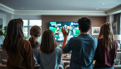 Obraz premium Children playing video games in a cozy living room, seen from behind, enjoying their time together.