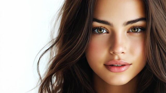 close up face portrait of young pretty woman hazel eyes with bright flawless clean clear skin, beauty cosmetic or skincare fashion portrait with copy space