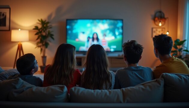Children playing video games in a cozy living room, seen from behind, enjoying their time together.