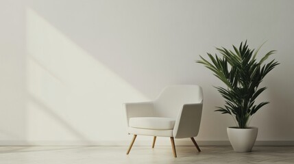A white chair and a potted plant in front of an empty wall, AI