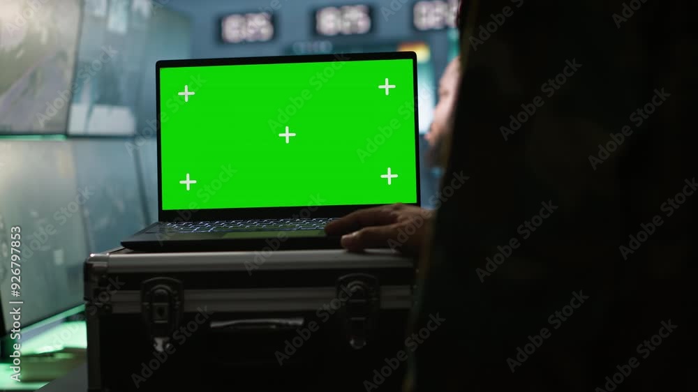 Poster military agent working in control room, using isolated screen software on laptop, analyzing aerial r