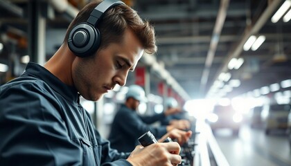 Portrait of a factory worker on a car assembly line.