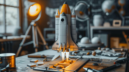 A model of a space shuttle is being built on the table. There is a light bulb shining from above, and there should be tools around it.