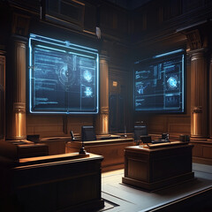 A futuristic AI-powered courtroom with holographic evidence displays.