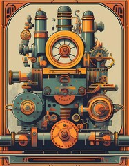 Fototapeta premium Retro Classic Machinery - labor day themed poster showcasing vintage industrial machinery such as old-fashioned engine. Graphic art illustration