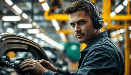 A technician focused on the vehicle assembly line in a factory setting.
