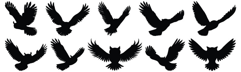 Owl silhouette set vector design big pack of flying illustration and icon