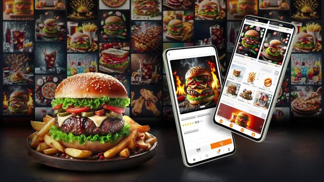 Fast food selection menu. Sales and shopping animation for hamburgers and pizzas. Phone  mockup