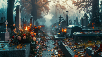 Burning Candles and Flowers on Graves in a Cemetery During a Rainy Night