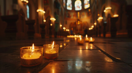 Burning Candles on the Floor of a Church with Two Candles in the Foreground