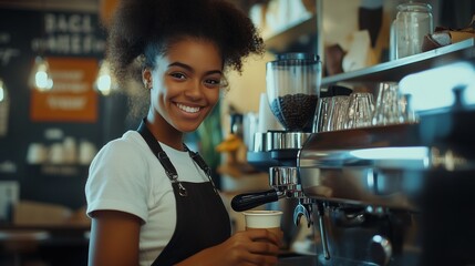 Young African American female barista standing near coffee machine making coffee in cafe