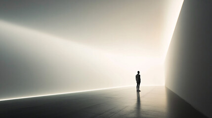 Obraz premium minimalist, contemporary, a figure standing before an immense horizontal dramatic light band, high-definition digital photography, wide-angle lens, positioned low,