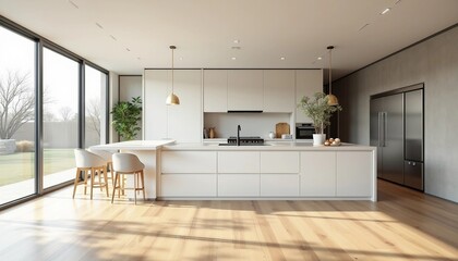 Fototapeta premium Elegant kitchen with a central island and warm wooden floors, bathed in natural light, showcasing modern decor.