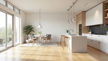Fototapeta premium Elegant kitchen with a central island and warm wooden floors, bathed in natural light, showcasing modern decor.