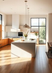 Fototapeta premium Elegant kitchen with a central island and warm wooden floors, bathed in natural light, showcasing modern decor.