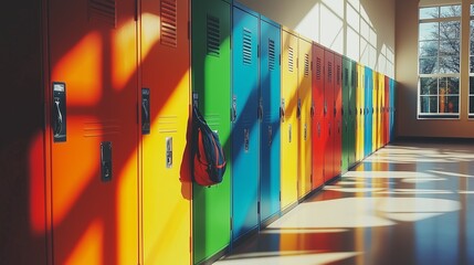 School hallway with lockers. Colored school lockers.