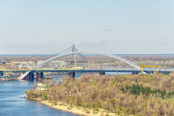Landscape view of city with a bridge in Kyiv, Ukraine.
