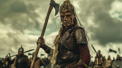 A Viking warrior with an axe stands before a battle-ready army.