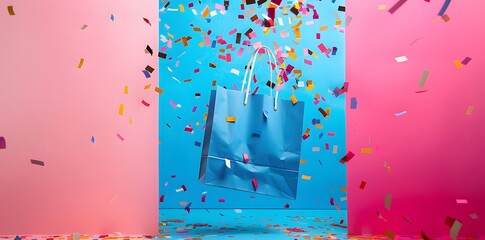 Event sale and discount creative banner shopping bags flying with confetti
