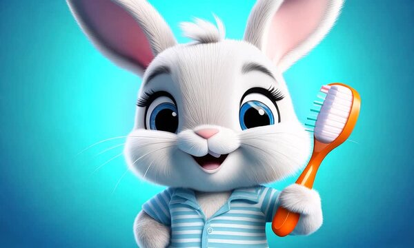 A cartoon rabbit is holding a toothbrush and smiling. The rabbit is wearing a striped shirt and he is in a playful mood. Concept of dental hygiene and the importance of taking care of one's teeth