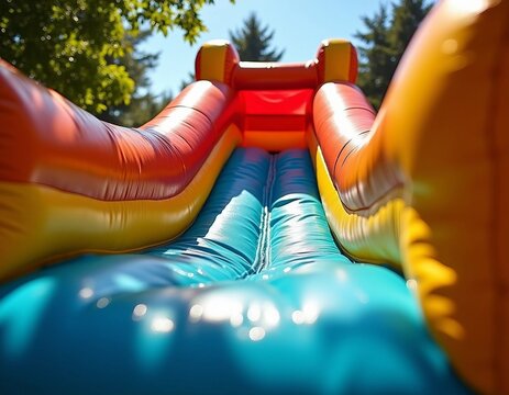 Inflatable bounce house water slide in the backyard, Colorful bouncy castle slide for children playground. 
