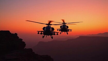 Two attack helicopters fly in sync over a desert at dusk, silhouetted against an orange sky, with depth of field and sunset lighting enhancing the dramatic scene.






