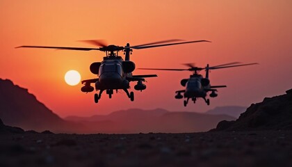 Fototapeta premium Two attack helicopters fly in sync over a desert at dusk, silhouetted against an orange sky, with depth of field and sunset lighting enhancing the dramatic scene.