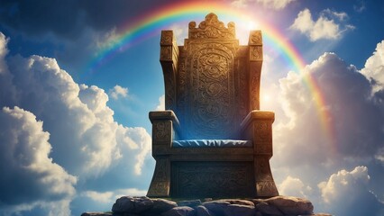 Ancient throne standing on the rocks up in the blue sky with passing clouds and rainbow, empty throne, god, king concept 