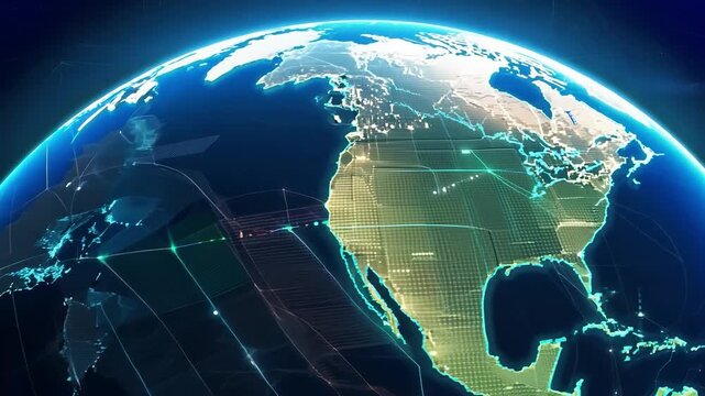 Rotating earth showing north america with growing green grid pattern