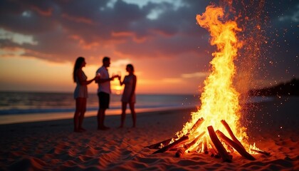 a group of people socializing and having fun by the bonfire at the dramatic sunset on the beach