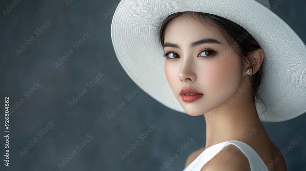 Wall mural Studio shot of a woman with long black hair, wearing a white hat and makeup, highlighting her delicate skin and refined beauty.