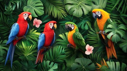 Parrots in Bright and colorful colors for jungle pattern with exotic birds white background 