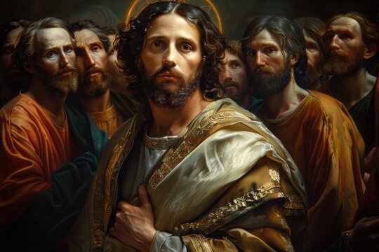 Holy tableau: a portrait of Jesus Christ and his 12 apostles, unity and devotion among the followers, profound teachings and enduring legacy of their spiritual journey together.