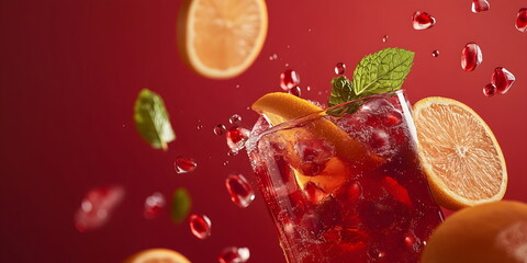 Dynamic splash of red sangria with orange slices, mint leaves and pomegranate seeds against a bold red background